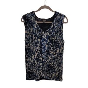 Covington Women Blue White Abstract Print Sleeveless Ruffle Front V Neck Top L‎
